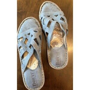 Born Sandals Peace Huckleberry Blue Leather Slides Cut Out Size 9